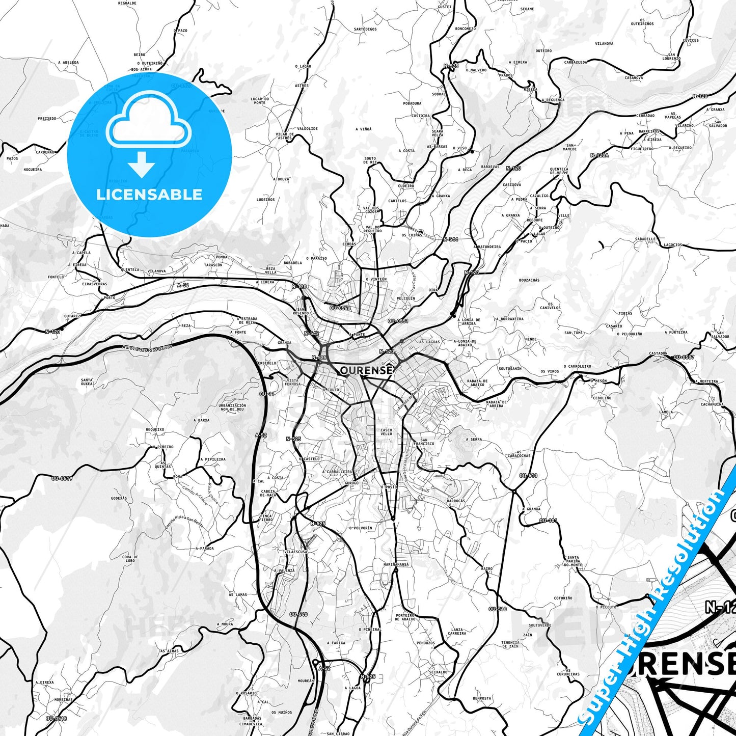 Ourense, Spain Light Map with Street Names, City Names, and Districts