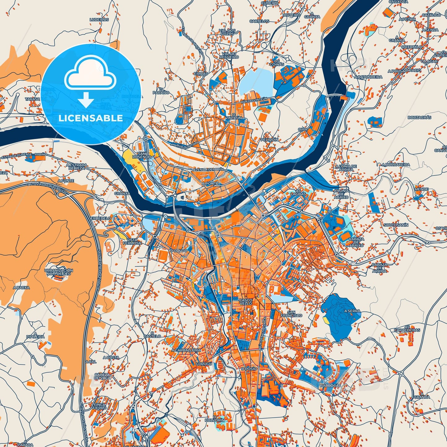 Colorful Ourense Street Map with Labels and Buildings