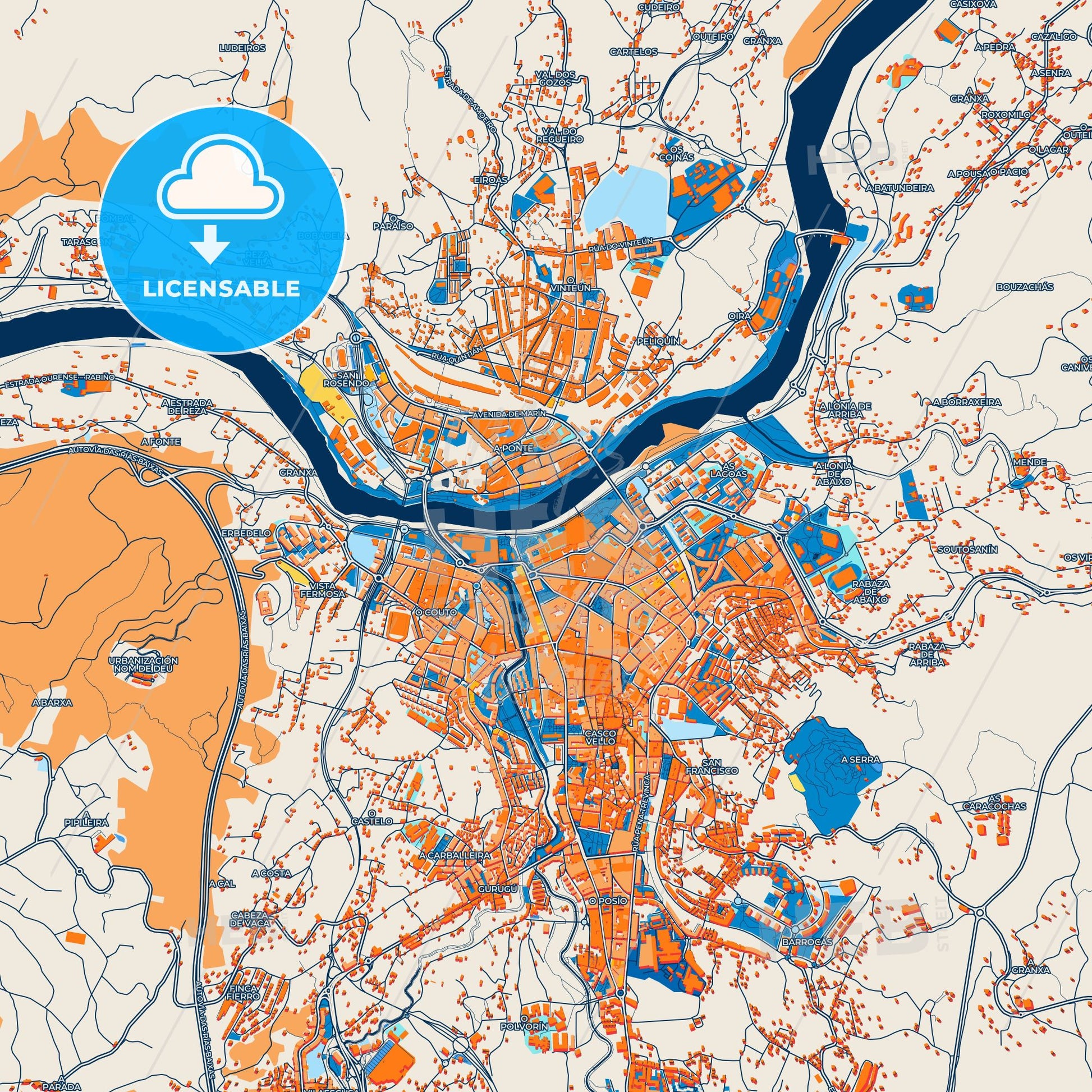Colorful Ourense Street Map with Labels and Buildings