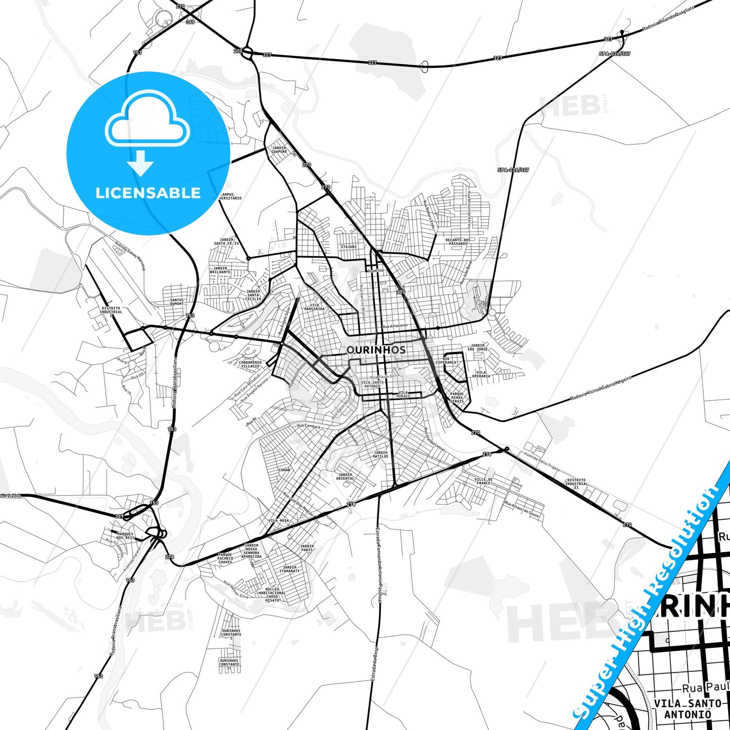Ourinhos, Brazil Light Map with Street Names, City Names, and Districts