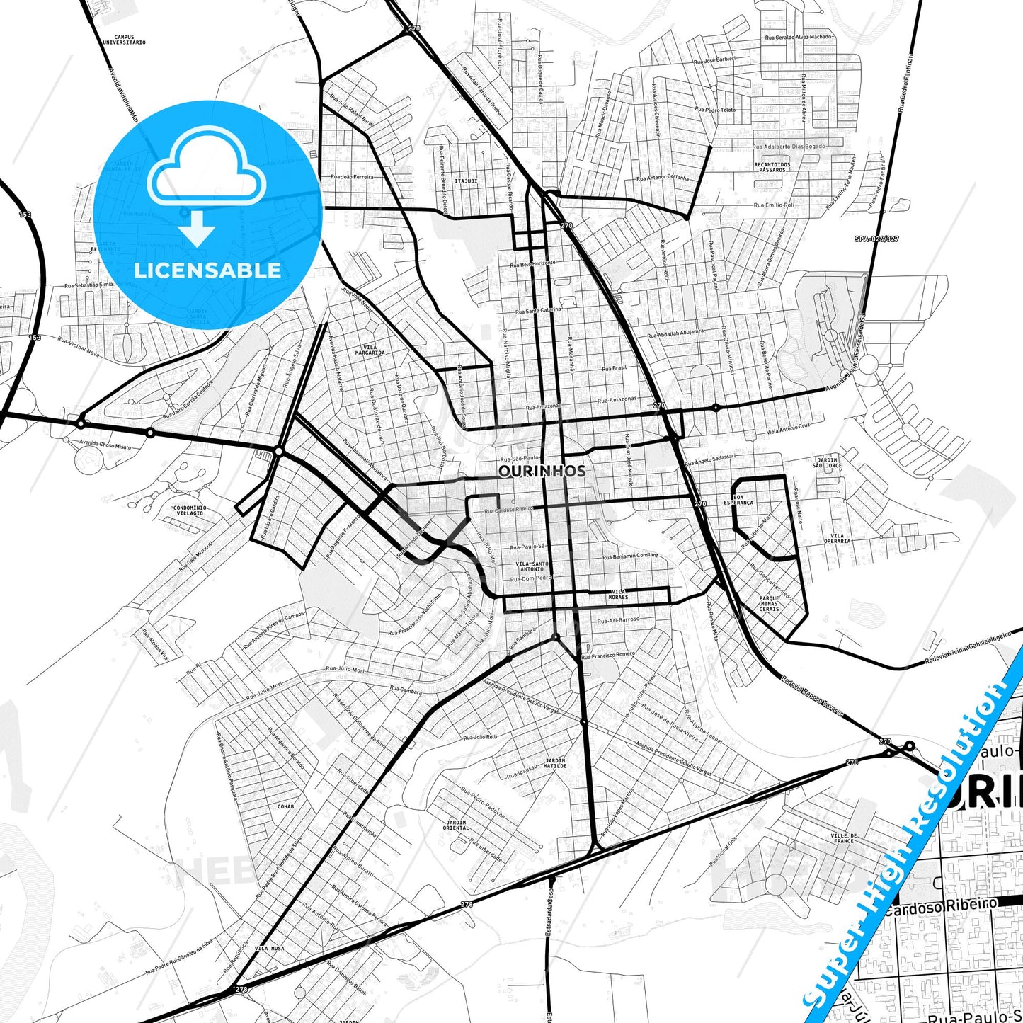 Ourinhos, Brazil Light Map with Street Names, City Names, and Districts