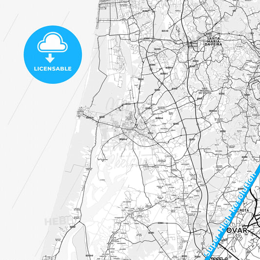Ovar, Portugal light map with streetnames, citynames and districts