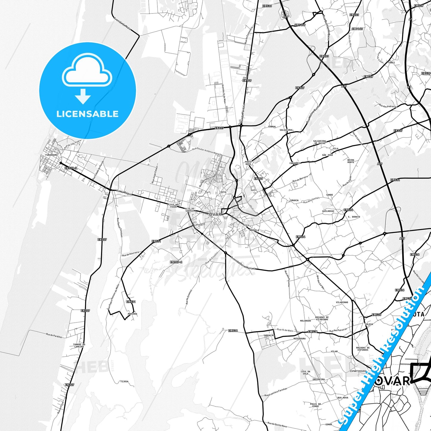 Ovar, Portugal Light Map with Street Names, City Names, and Districts
