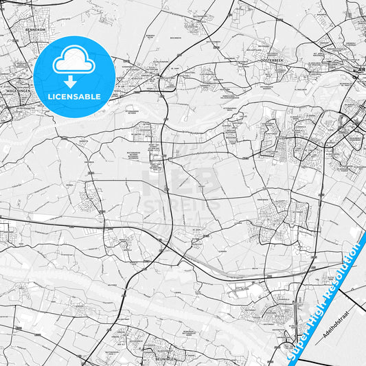 Overbetuwe, Netherlands light map with streetnames, citynames and districts