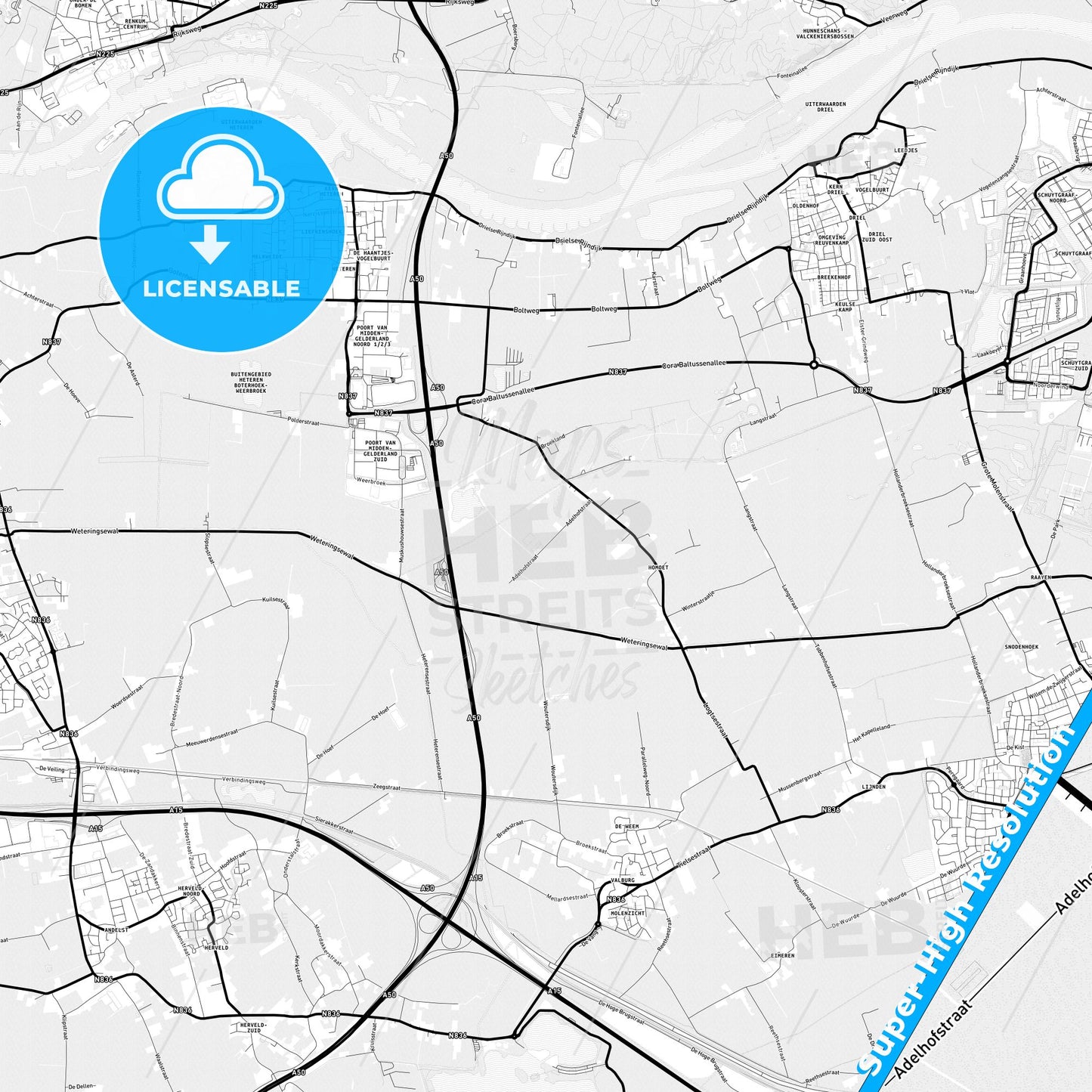 Overbetuwe, Netherlands Light Map with Street Names, City Names, and Districts