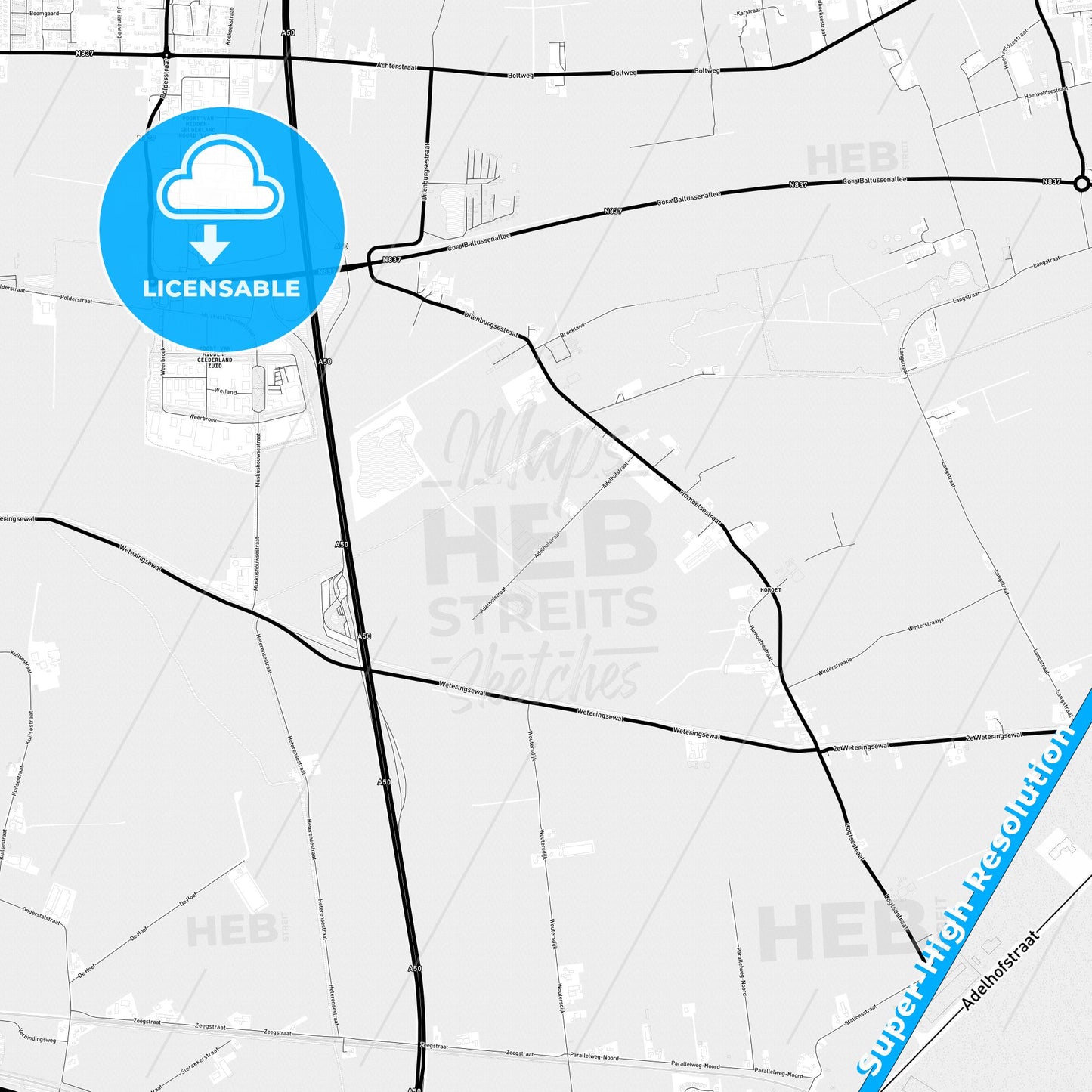 Overbetuwe, Netherlands Light Map with Street Names, City Names, and Districts