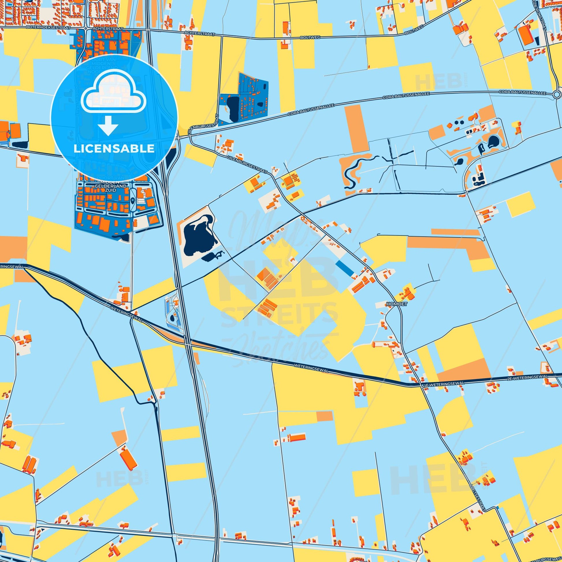 Colorful Overbetuwe Street Map with Labels and Buildings