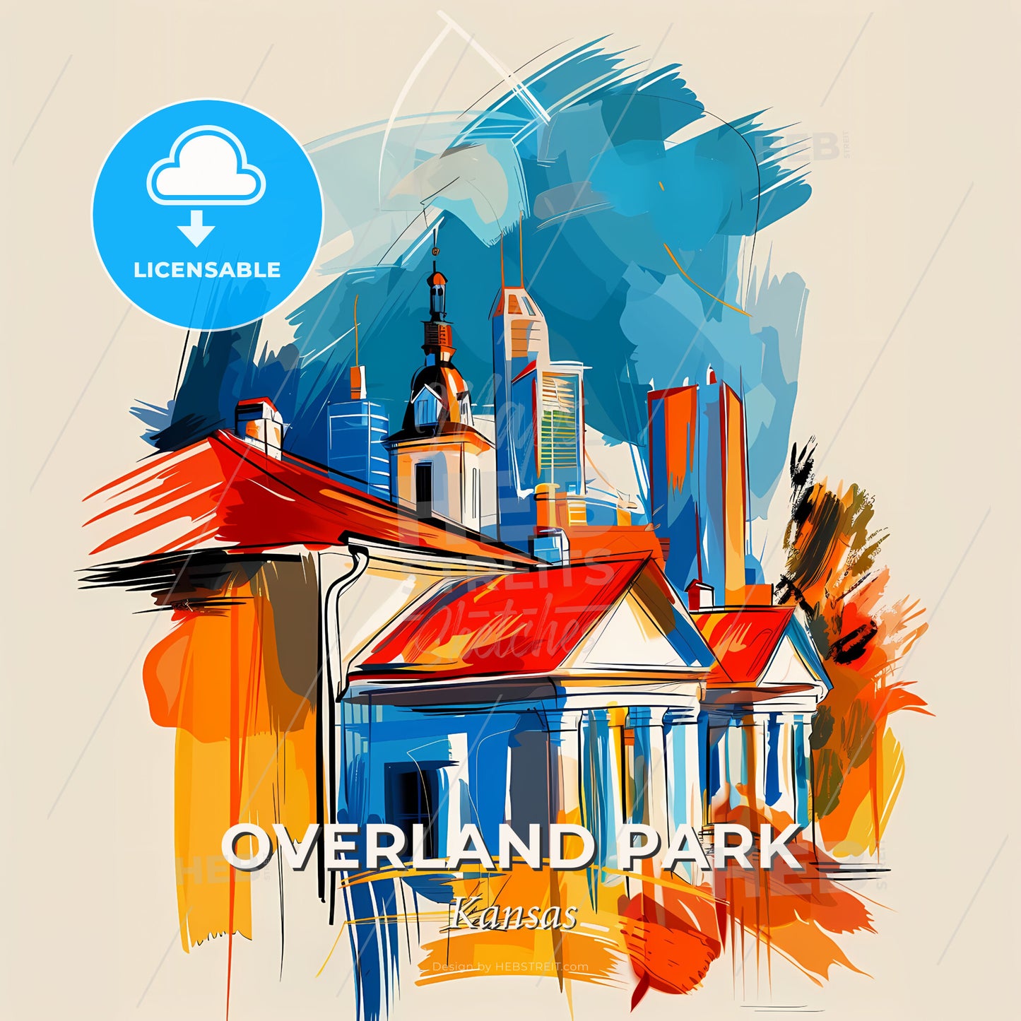 Vibrant Overland Park, Kansas - A Painting Of A Building With A Red Roof - Square format print template