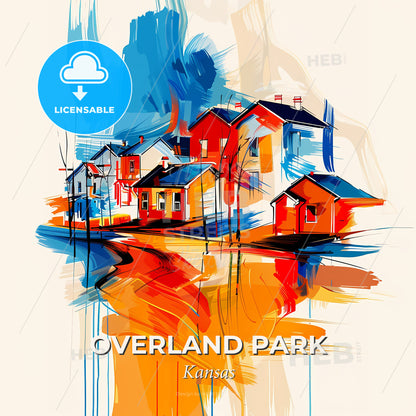 Vibrant Overland Park, Kansas - A Painting Of Houses And A River - Square format print template