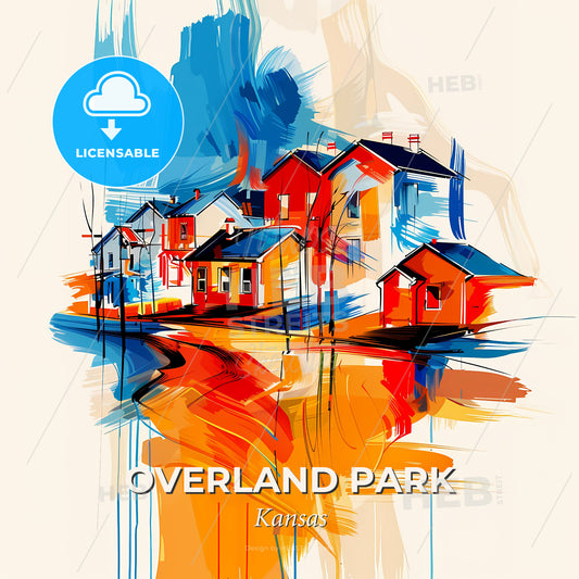 Vibrant Overland Park, Kansas - A Painting Of Houses And A River - Square format print template