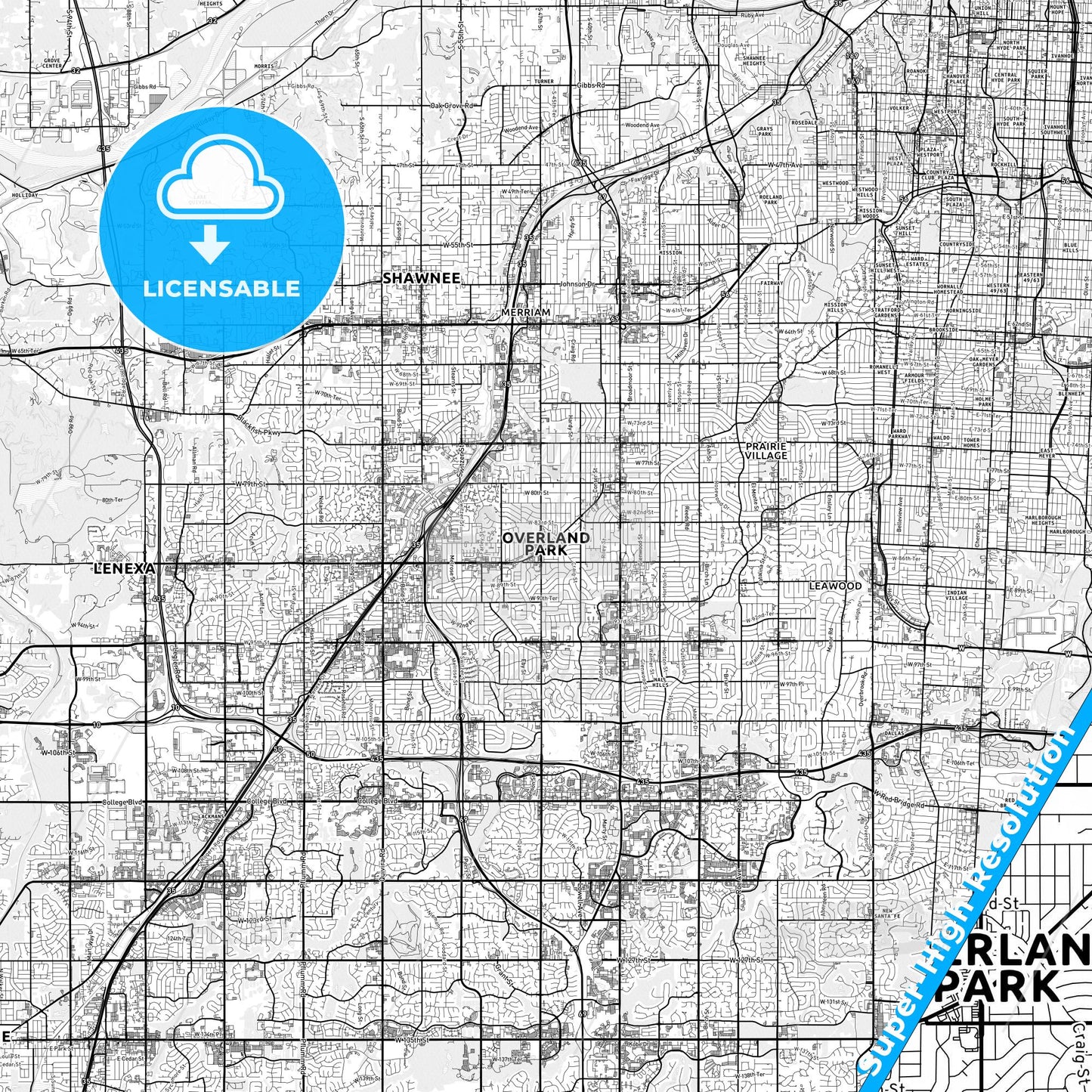 Overland Park, Kansas light map with streetnames, citynames and districts