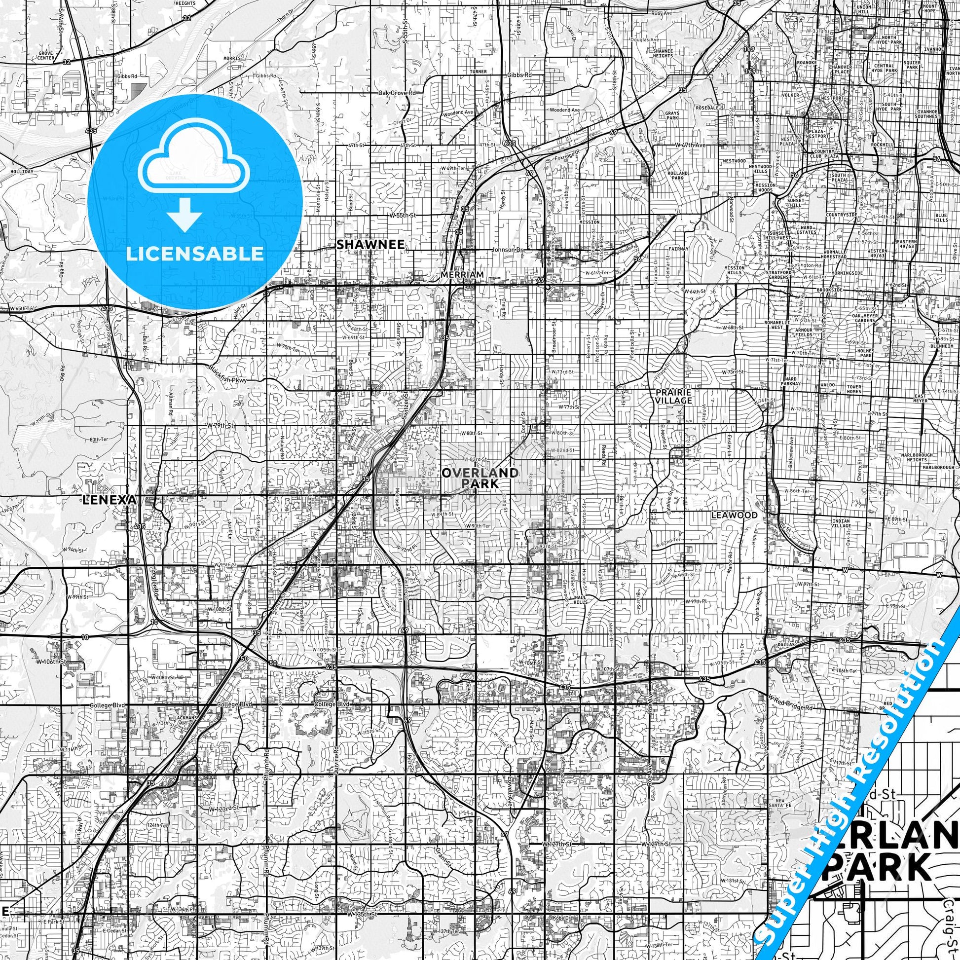 Overland Park, Kansas light map with streetnames, citynames and districts