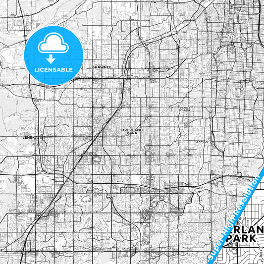 Overland Park, Kansas light map with streetnames, citynames and districts