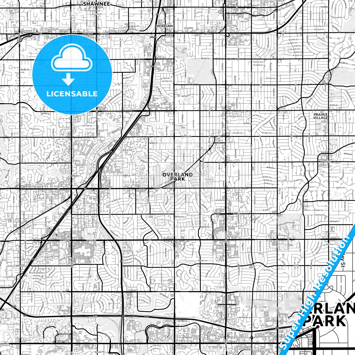 Overland Park, Kansas Light Map with Street Names, City Names, and Districts