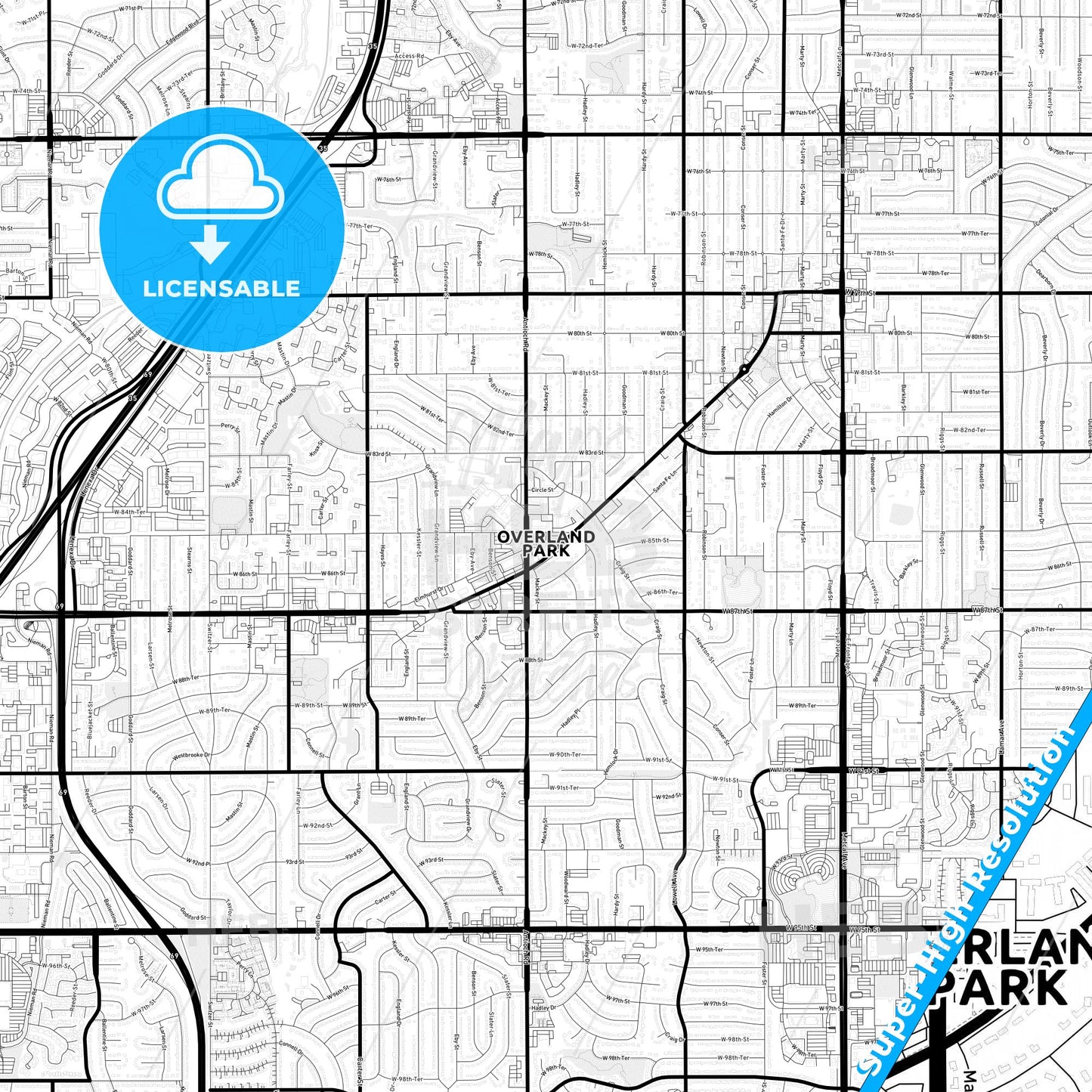 Overland Park, Kansas Light Map with Street Names, City Names, and Districts