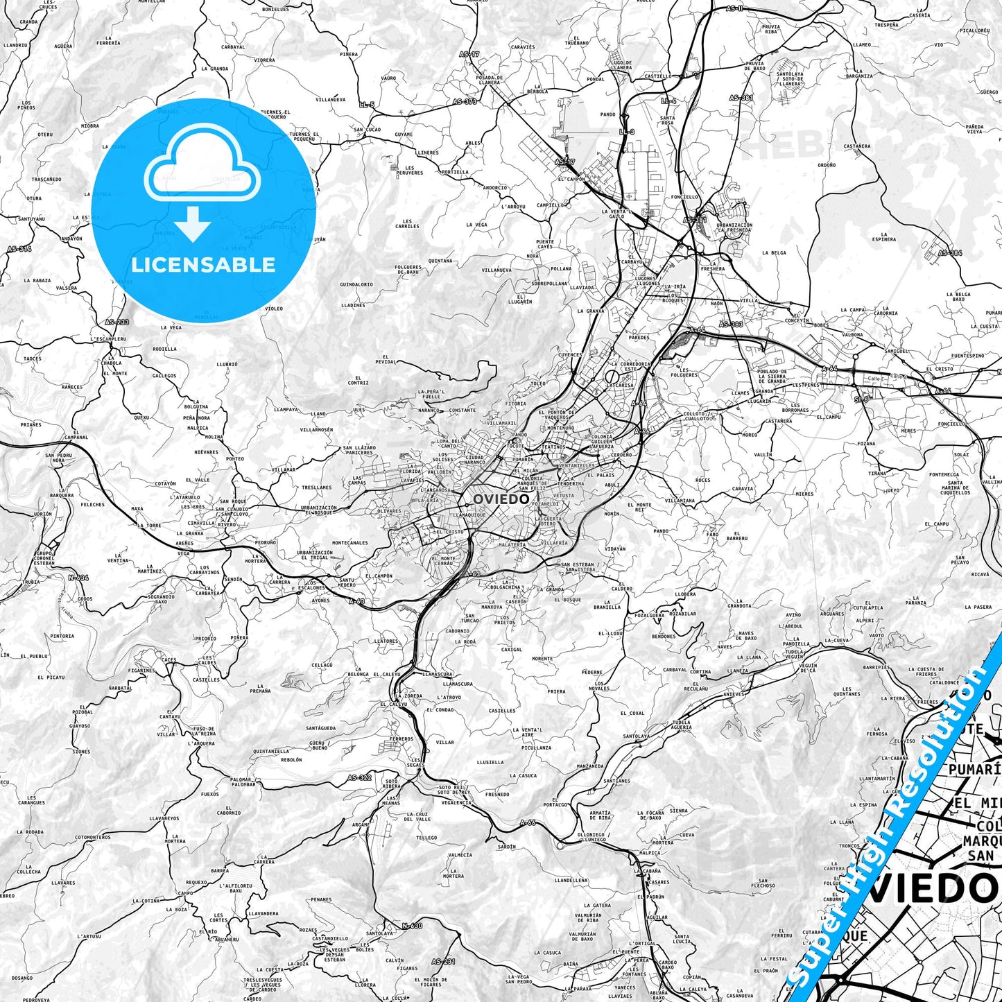 Oviedo, Spain light map with streetnames, citynames and districts