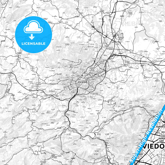 Oviedo, Spain light map with streetnames, citynames and districts