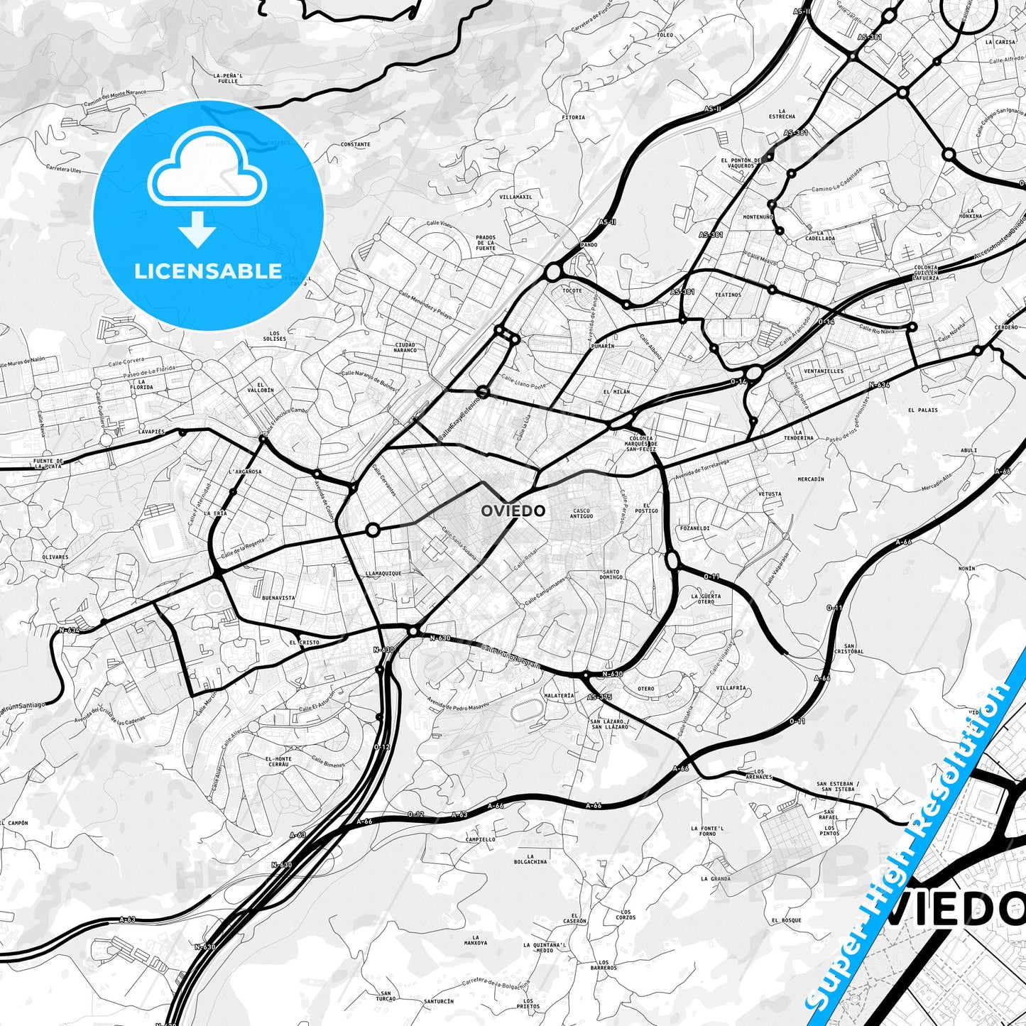 Oviedo, Spain Light Map with Street Names, City Names, and Districts