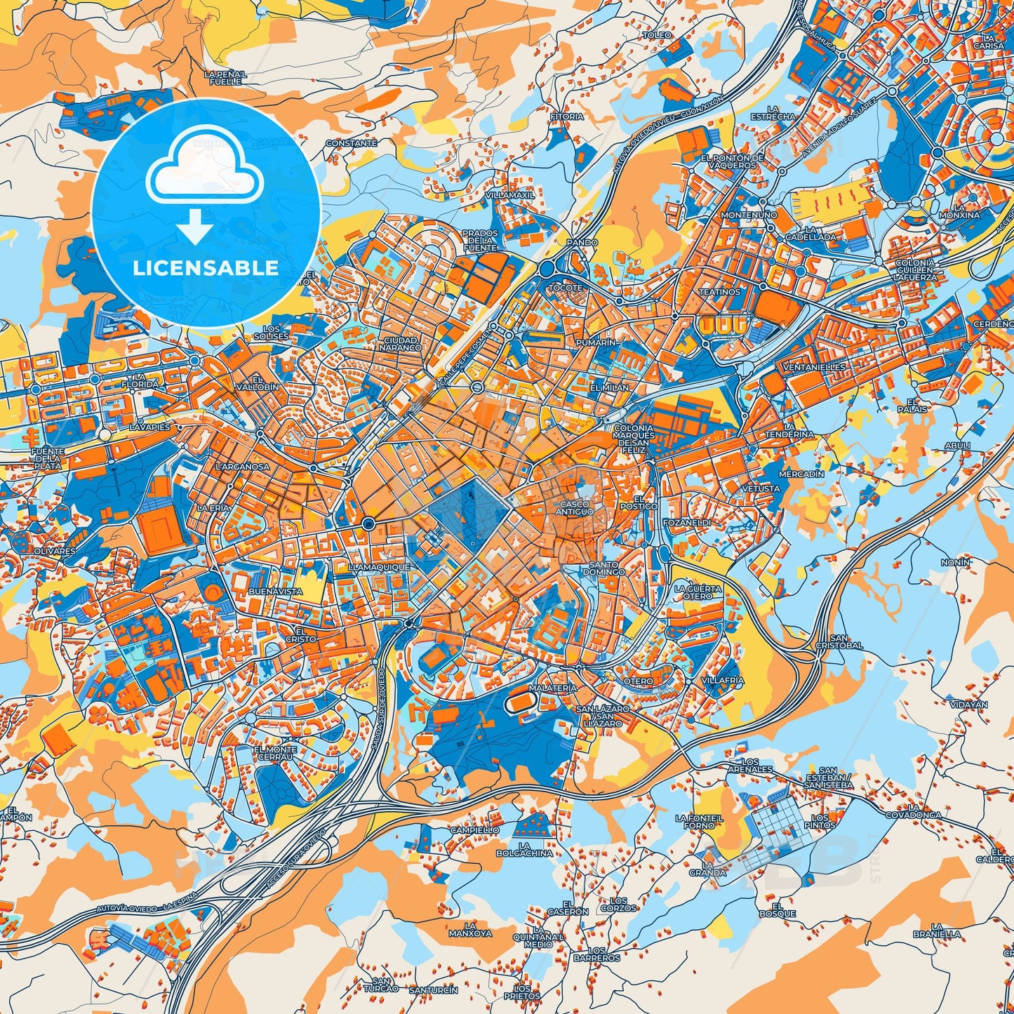 Colorful Oviedo Street Map with Labels and Buildings