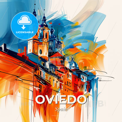 Vibrant Oviedo, Spain - A Painting Of A Building With A Colorful Background - Square format print template