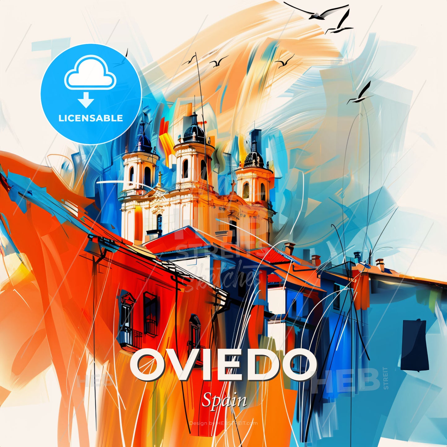 Vibrant Oviedo, Spain - A Painting Of A Building With A Castle On Top - Square format print template