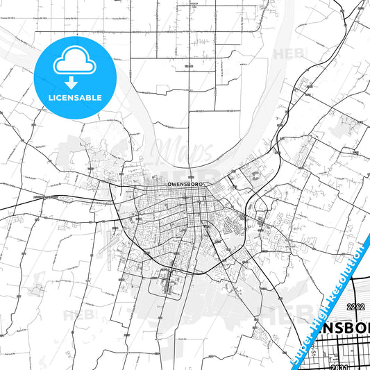 Owensboro, Kentucky light map with streetnames, citynames and districts