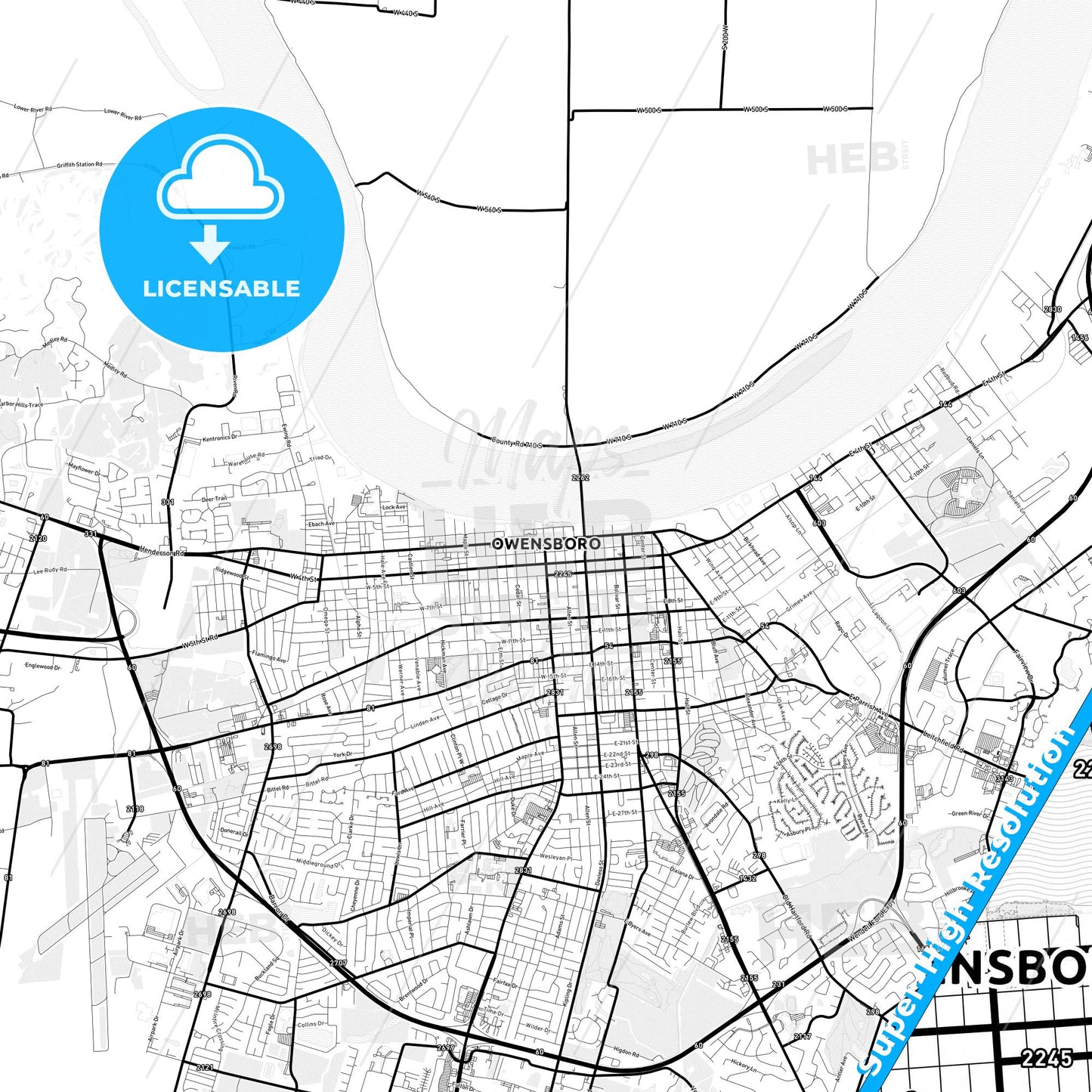 Owensboro, Kentucky Light Map with Street Names, City Names, and Districts