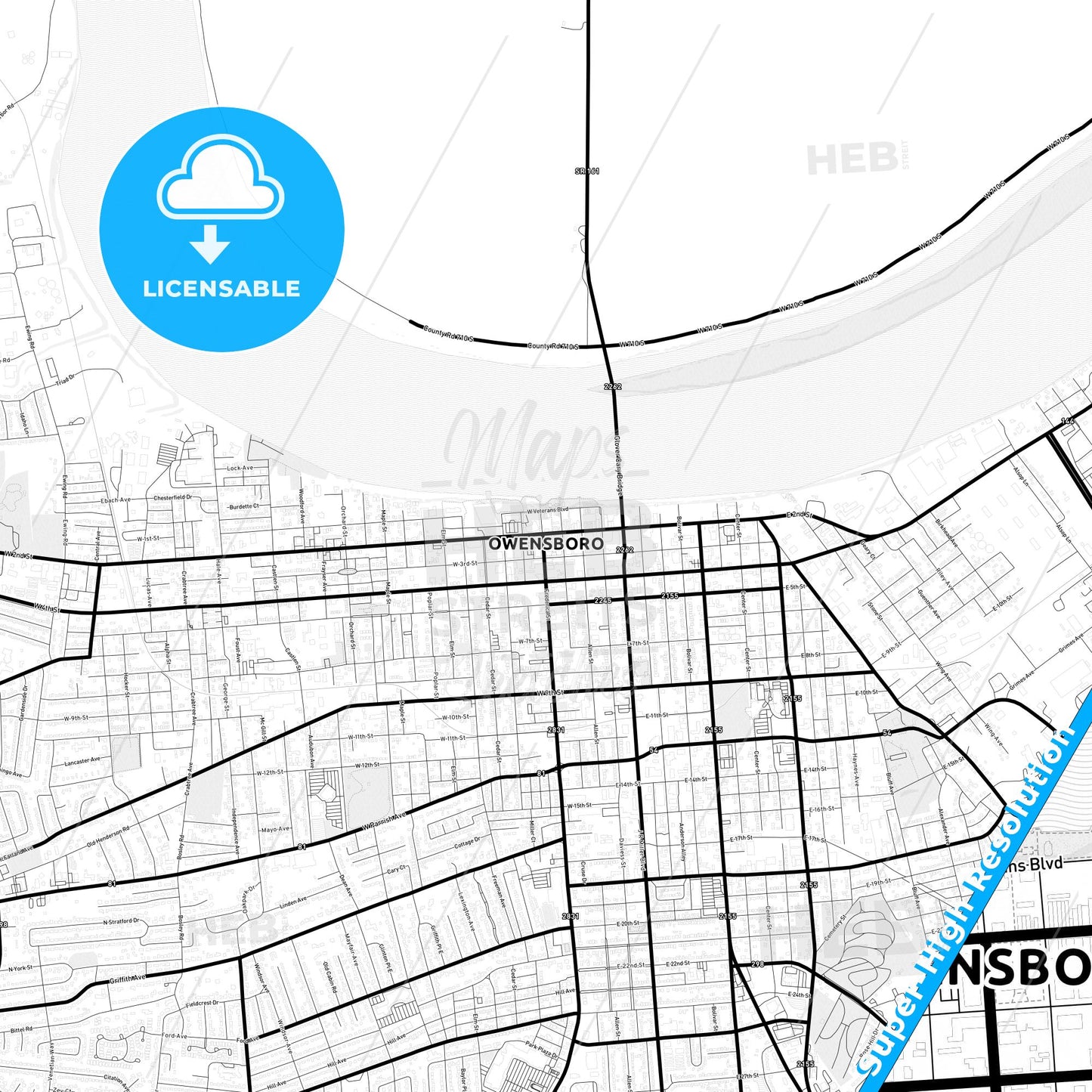 Owensboro, Kentucky Light Map with Street Names, City Names, and Districts