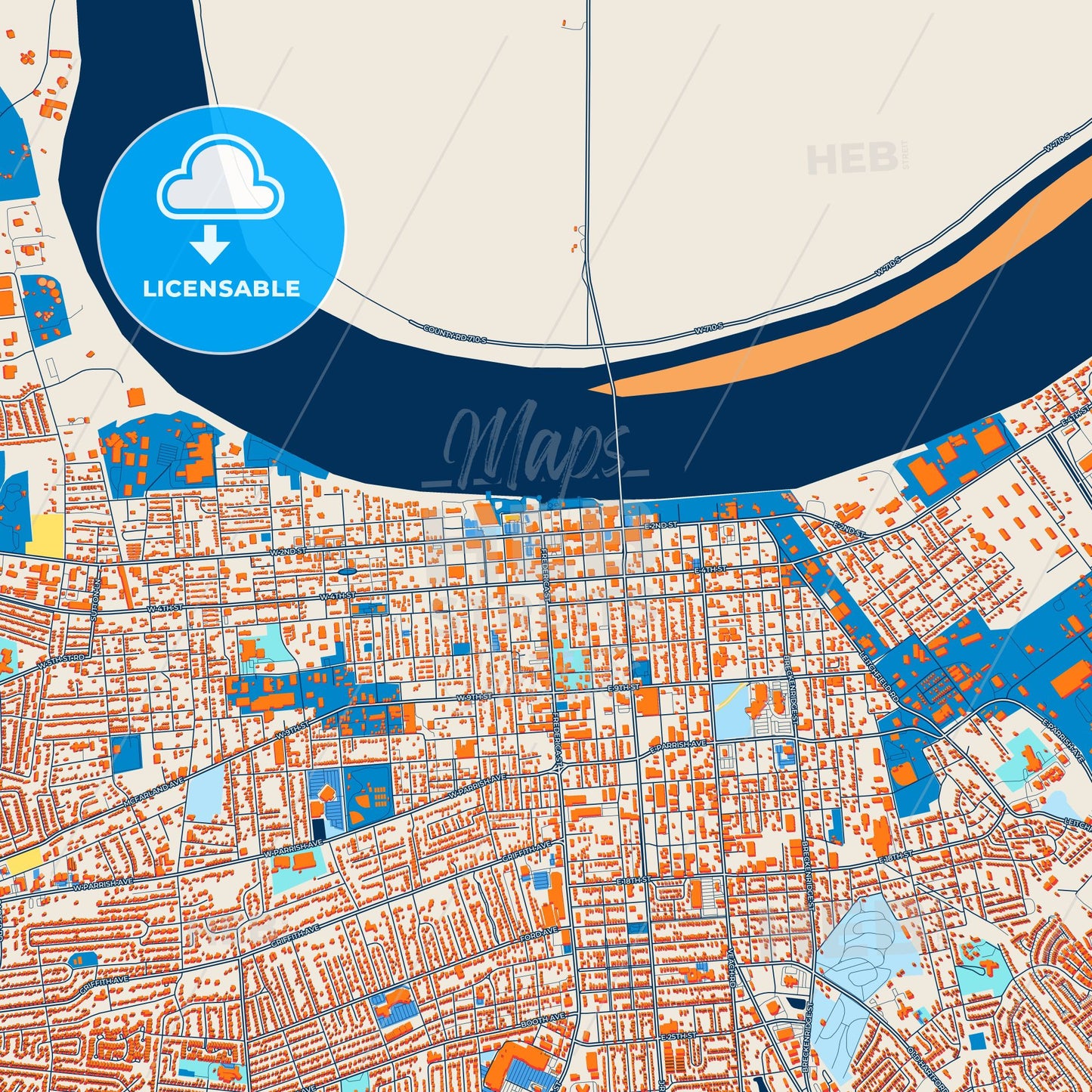 Colorful Owensboro Street Map with Labels and Buildings