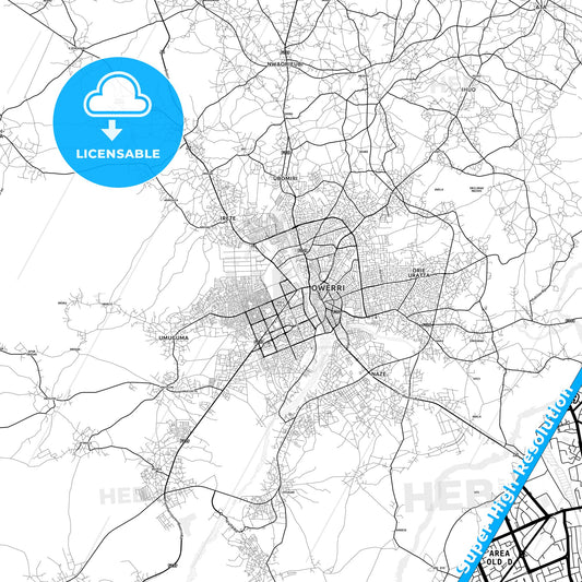 Owerri, Nigeria light map with streetnames, citynames and districts
