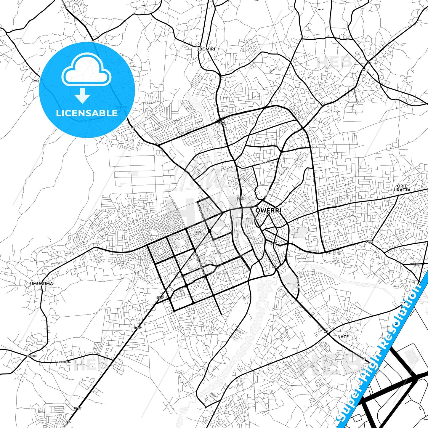 Owerri, Nigeria Light Map with Street Names, City Names, and Districts