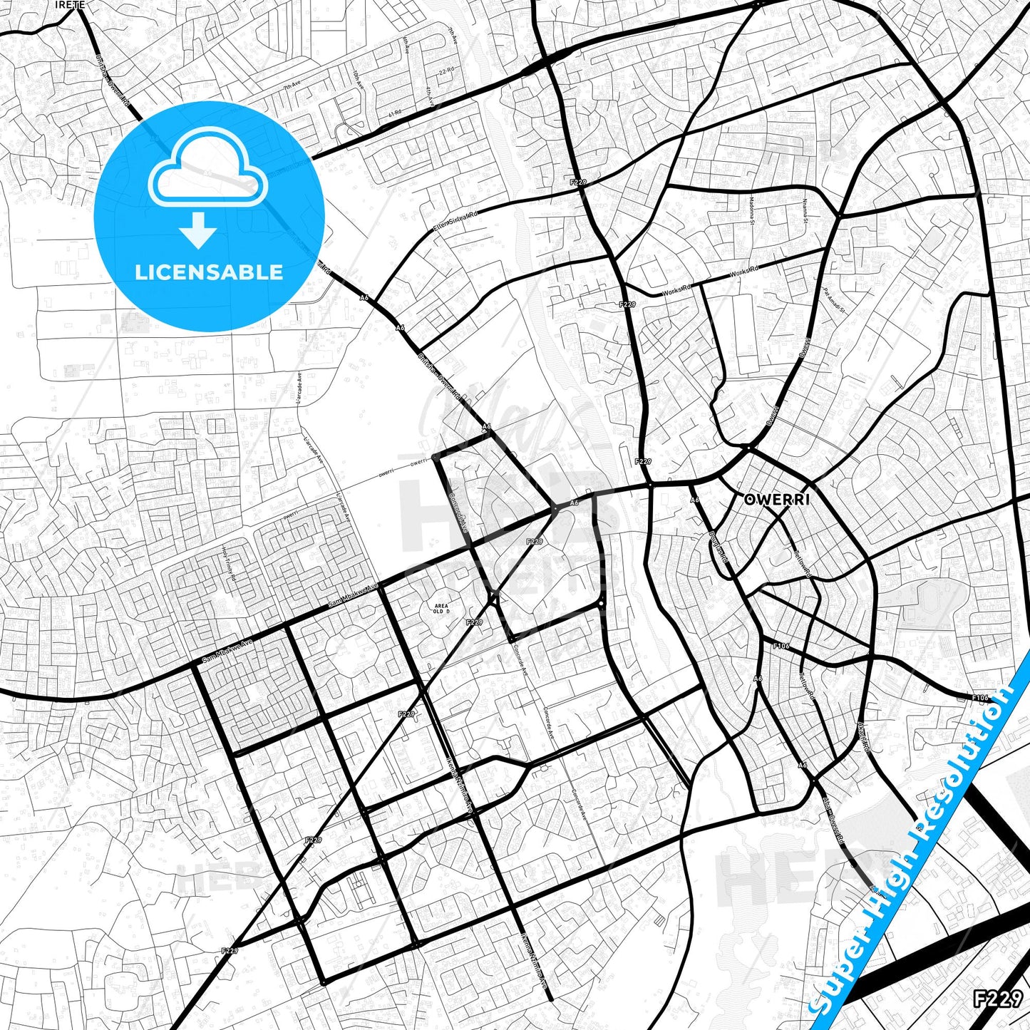 Owerri, Nigeria Light Map with Street Names, City Names, and Districts