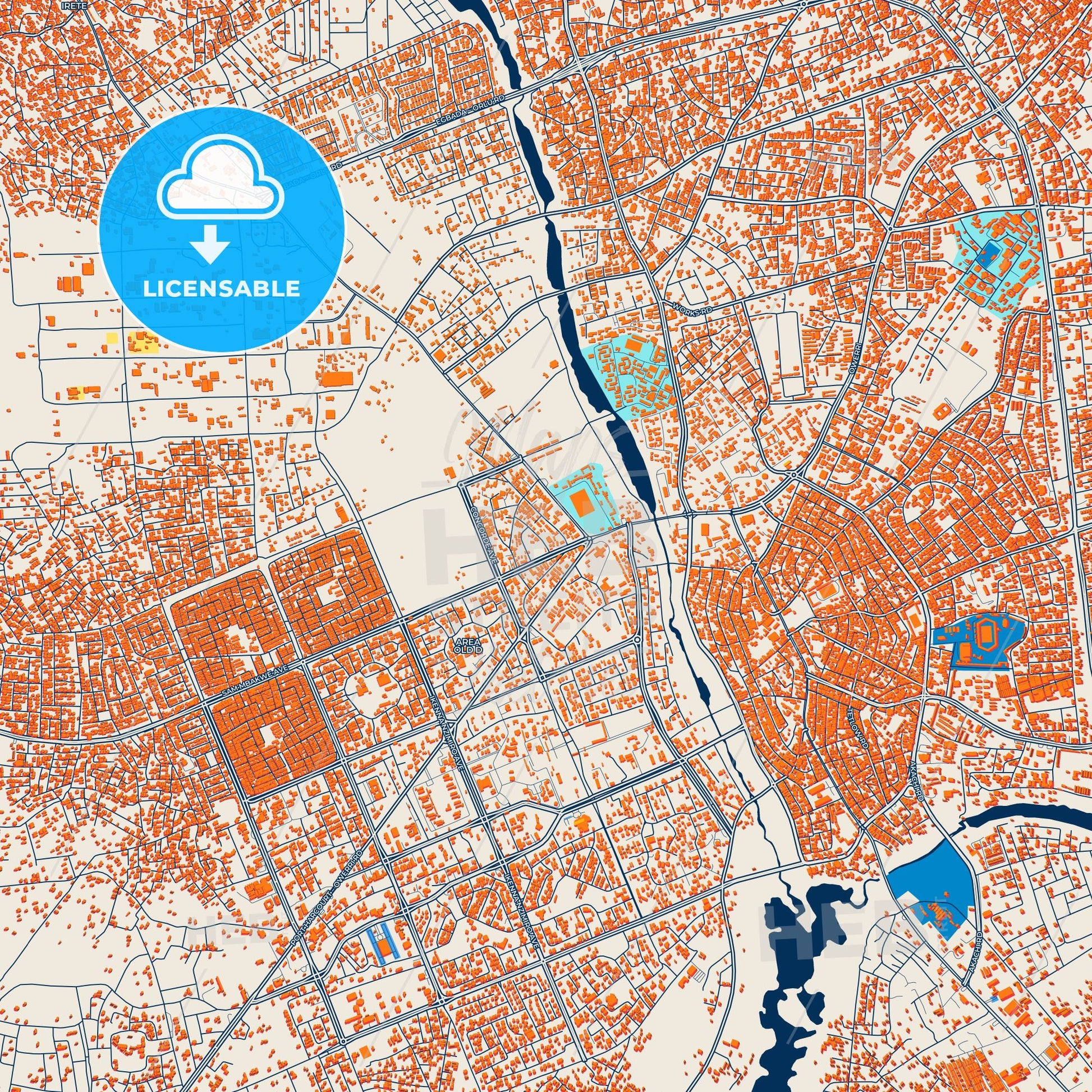 Colorful Owerri Street Map with Labels and Buildings