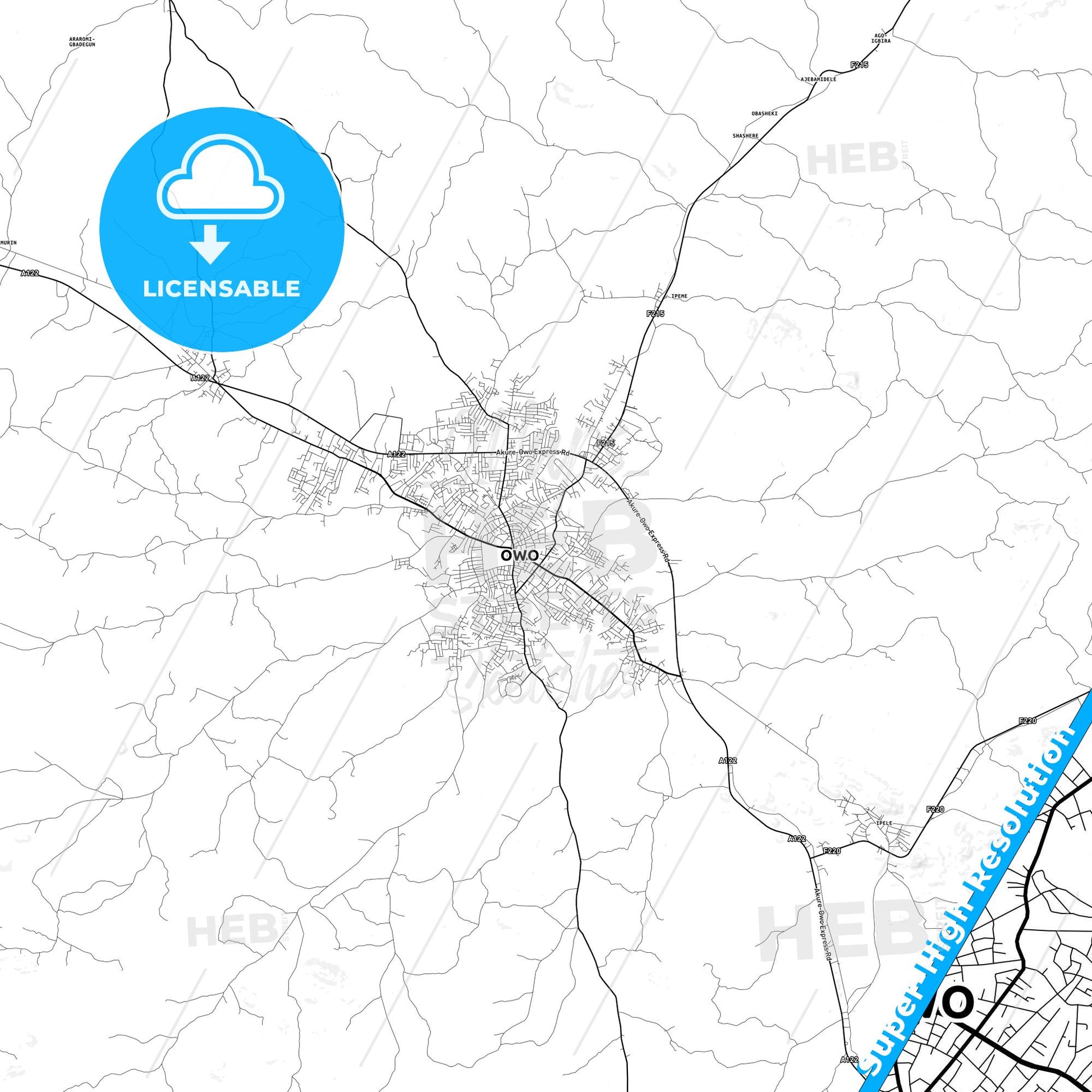 Owo, Nigeria light map with streetnames, citynames and districts