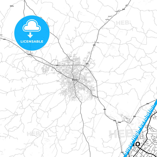Owo, Nigeria light map with streetnames, citynames and districts