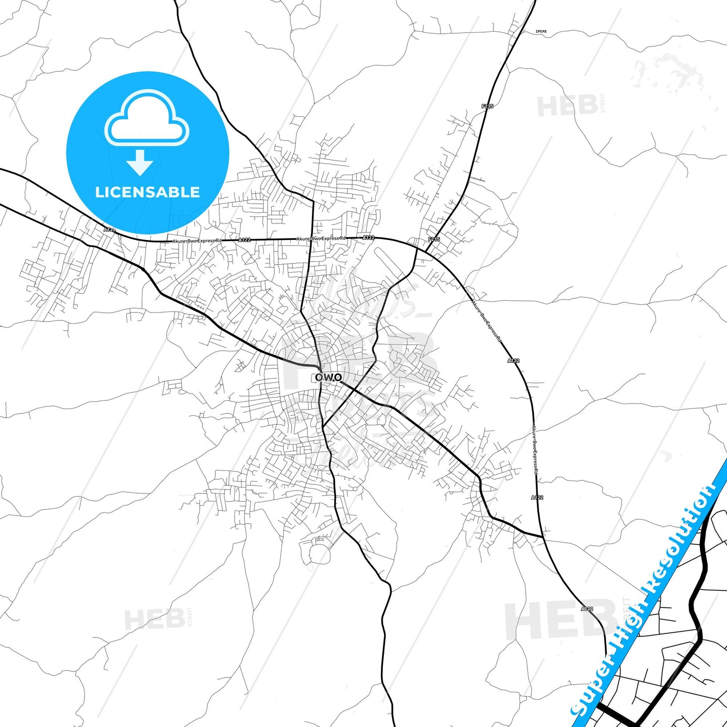 Owo, Nigeria Light Map with Street Names, City Names, and Districts