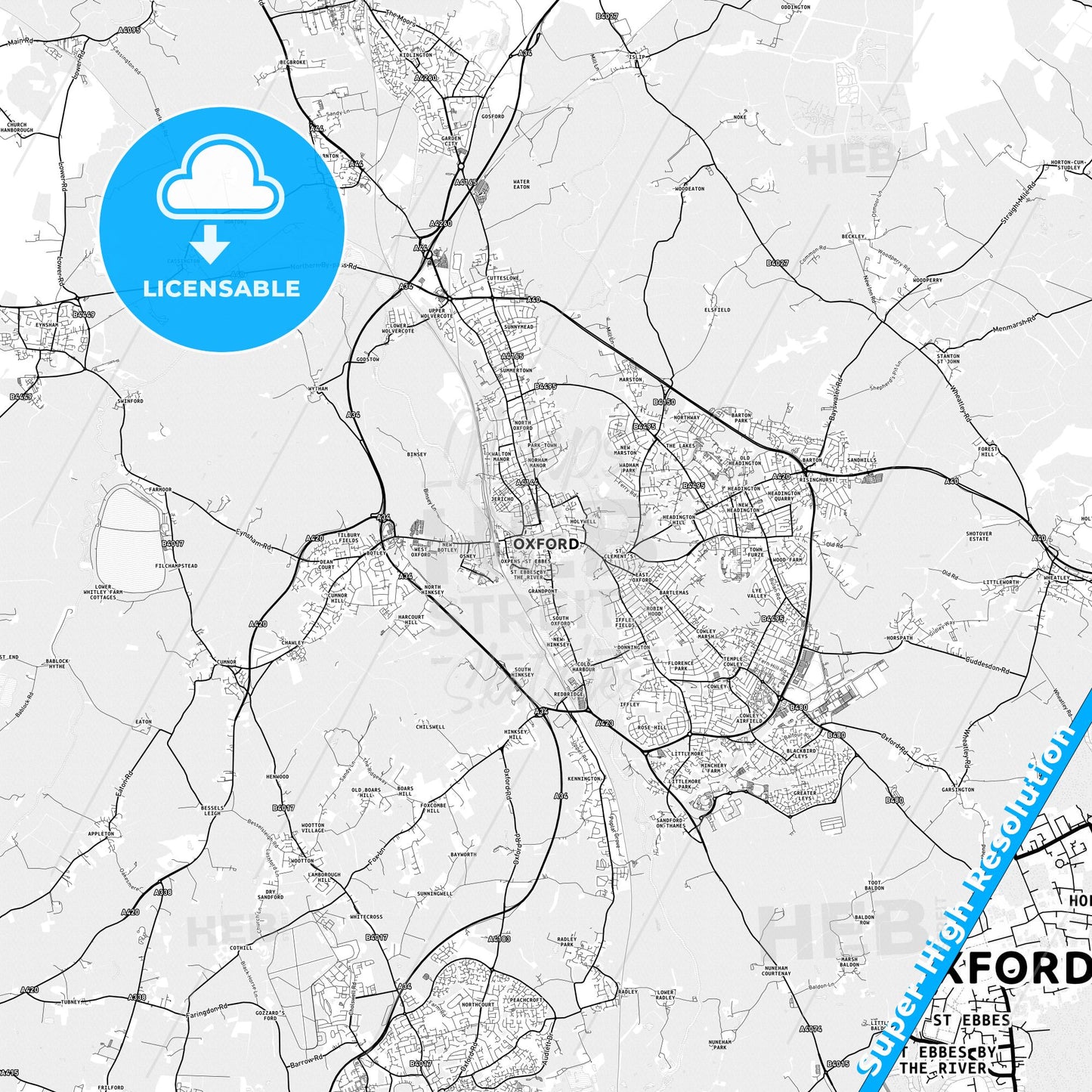 Oxford, England light map with streetnames, citynames and districts