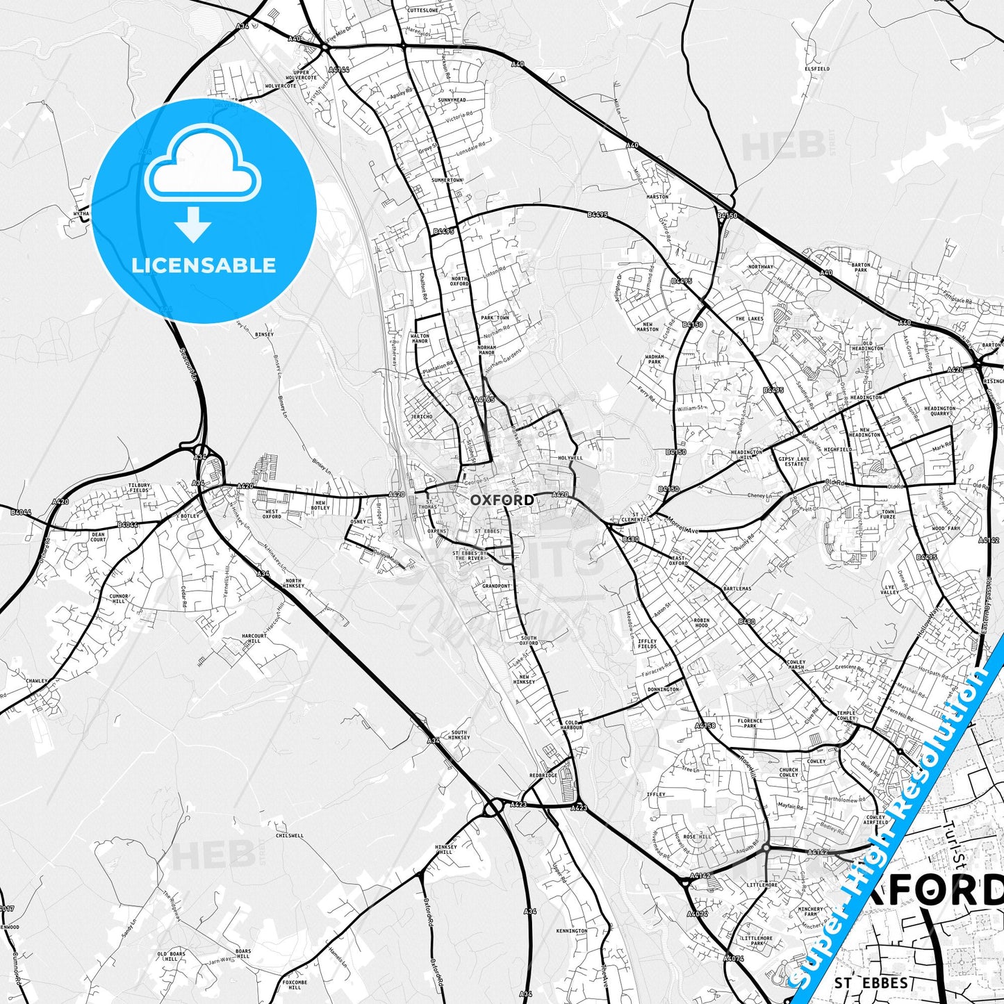 Oxford, England Light Map with Street Names, City Names, and Districts