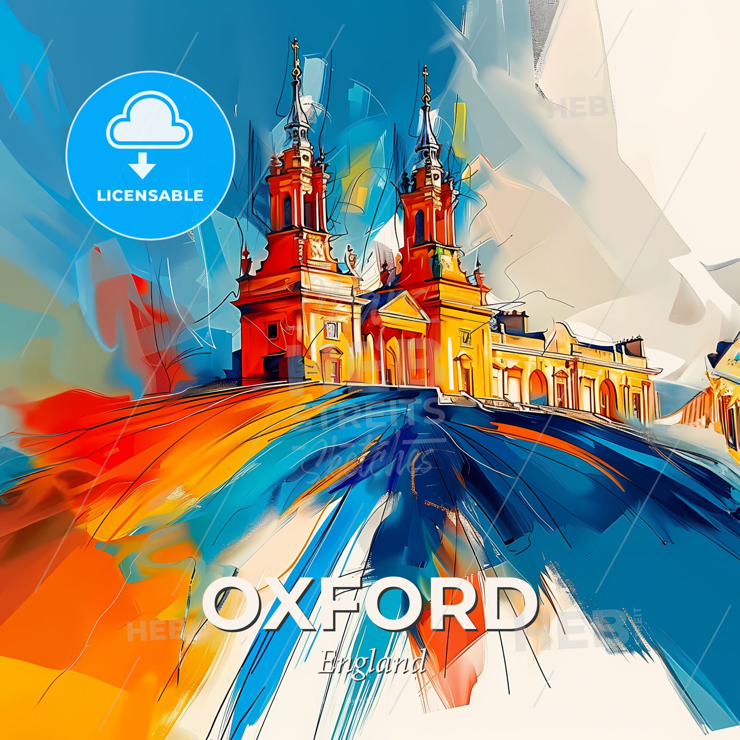 Vibrant Oxford, England - A Painting Of A Building With Towers - Square format print template