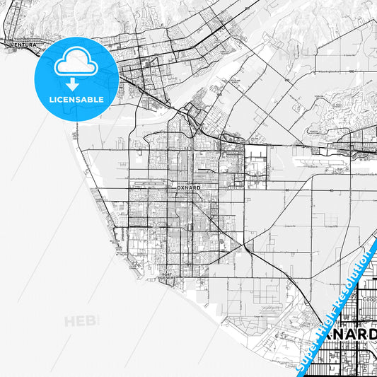 Oxnard, California light map with streetnames, citynames and districts