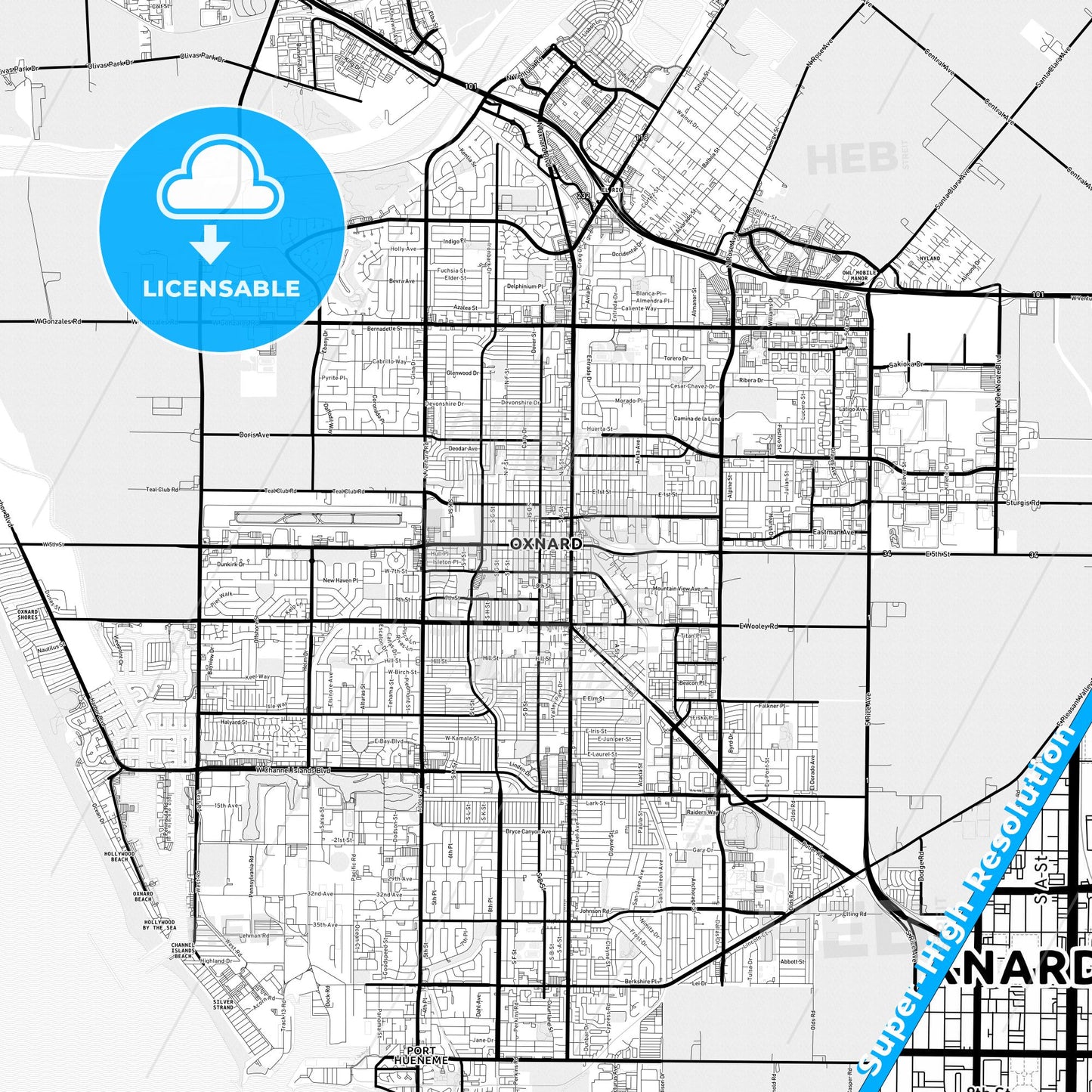 Oxnard, California Light Map with Street Names, City Names, and Districts