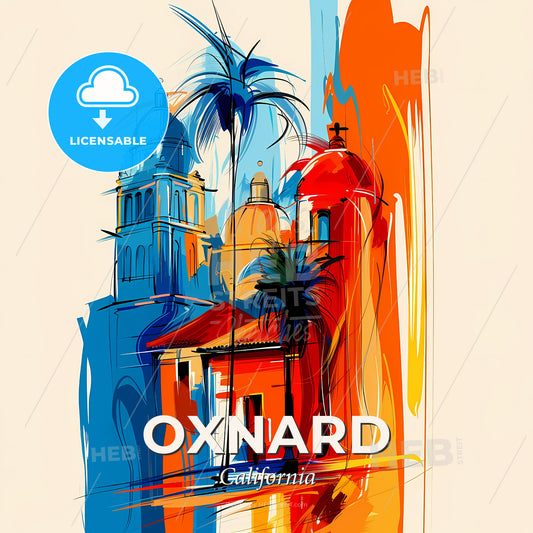 Vibrant Oxnard, California - A Painting Of Buildings And Palm Trees - Square format print template
