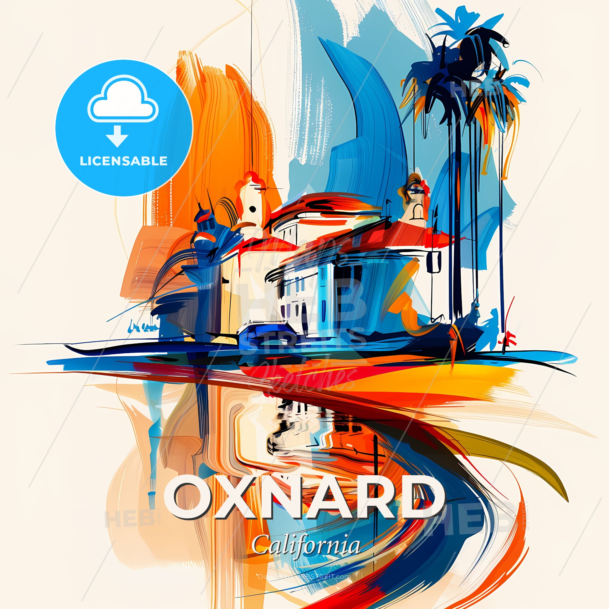 Vibrant Oxnard, California - A Painting Of A Building And Palm Trees - Square format print template