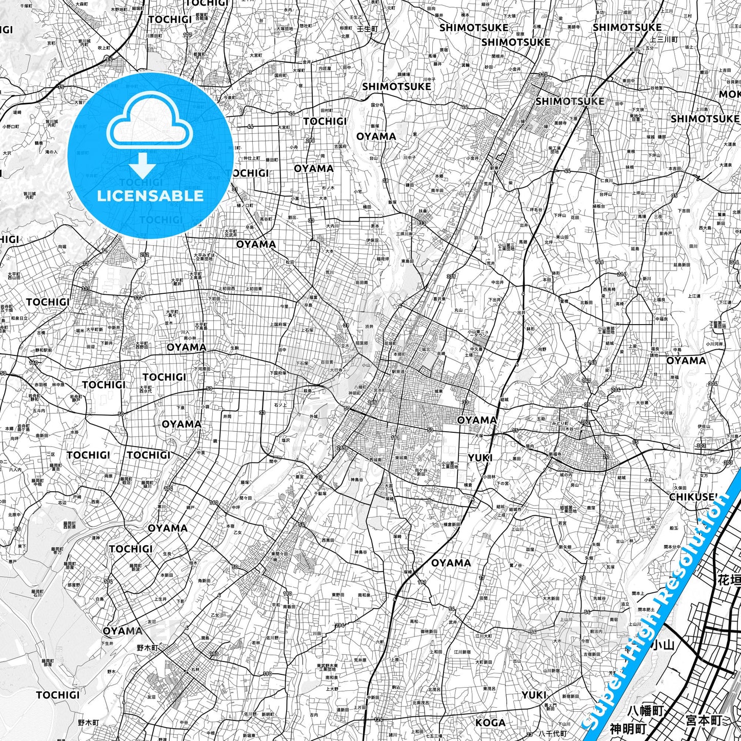 Oyama, Japan light map with streetnames, citynames and districts