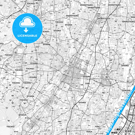Oyama, Japan light map with streetnames, citynames and districts