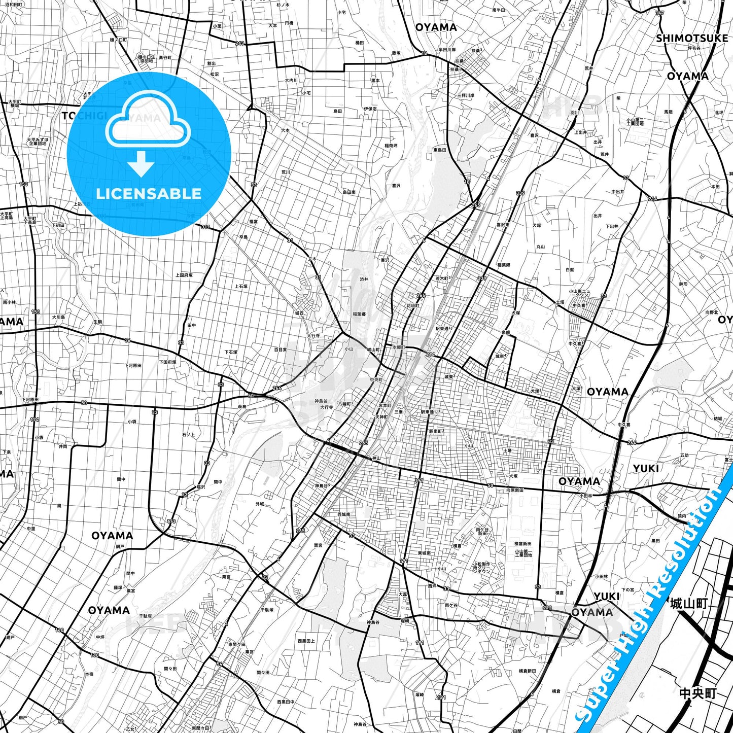 Oyama, Japan Light Map with Street Names, City Names, and Districts