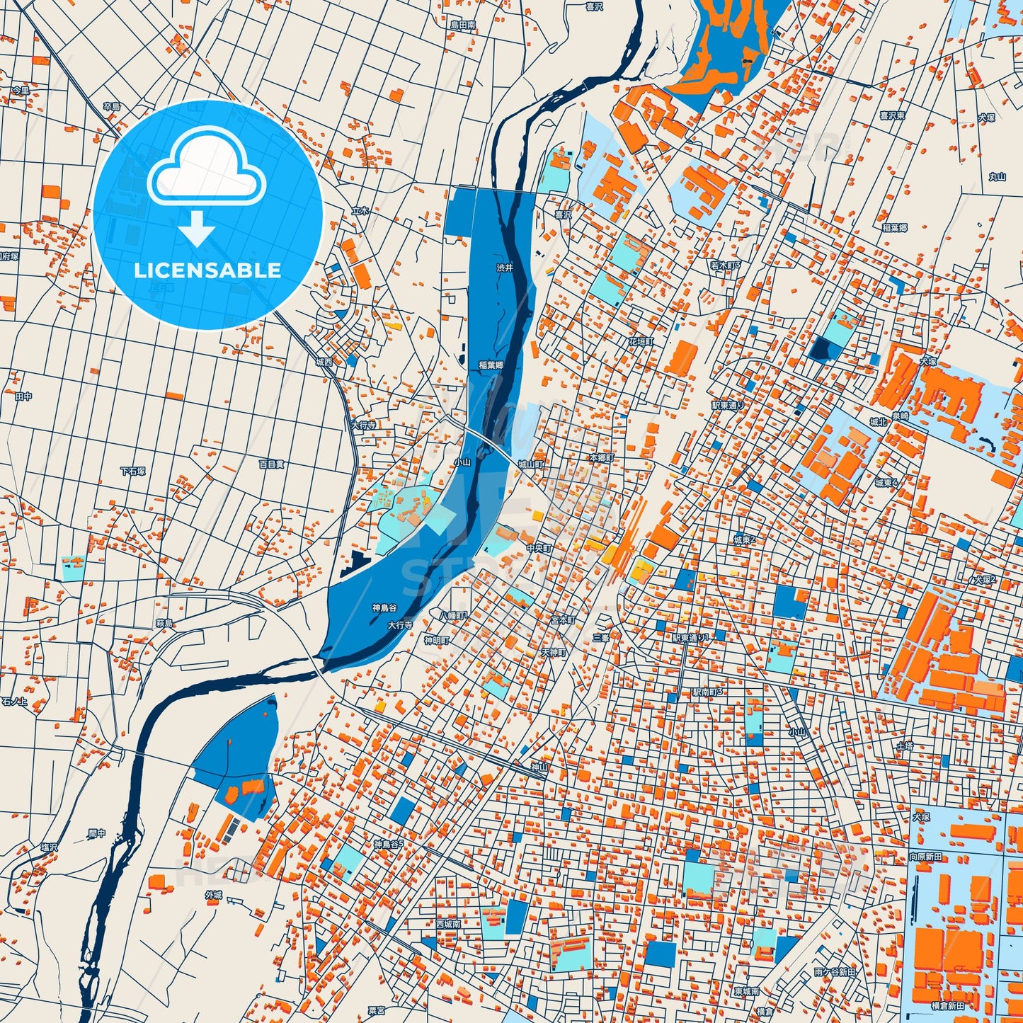 Colorful Oyama Street Map with Labels and Buildings