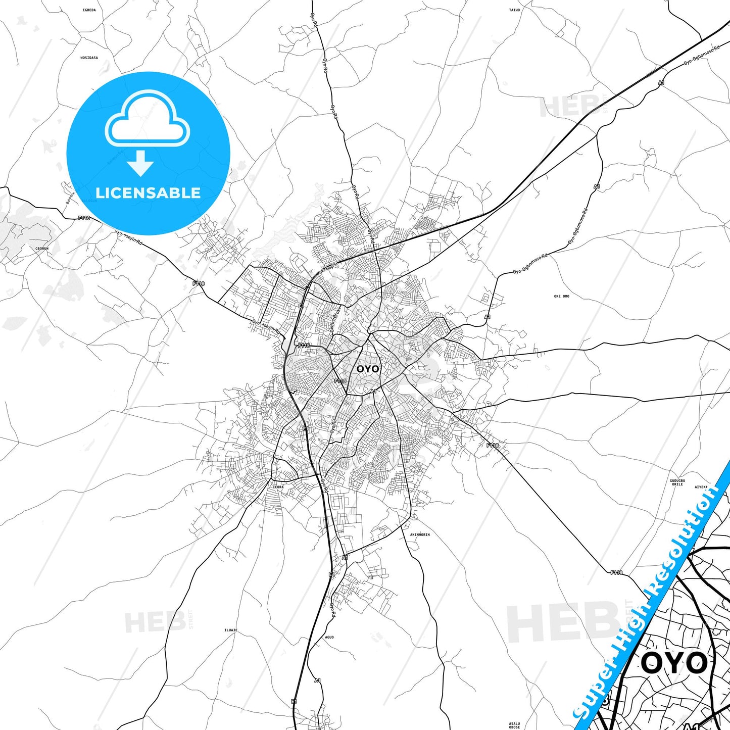 Oyo, Nigeria light map with streetnames, citynames and districts