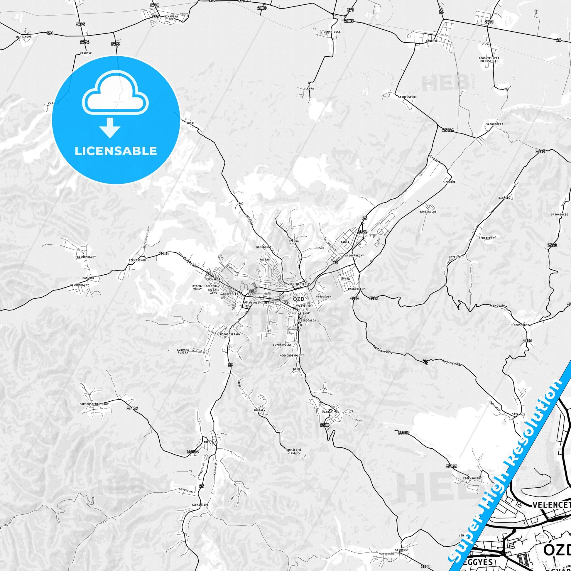 Ózd, Hungary light map with streetnames, citynames and districts