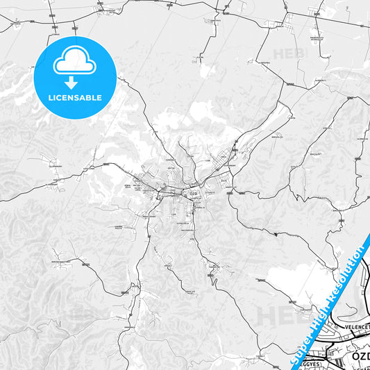 Ózd, Hungary light map with streetnames, citynames and districts